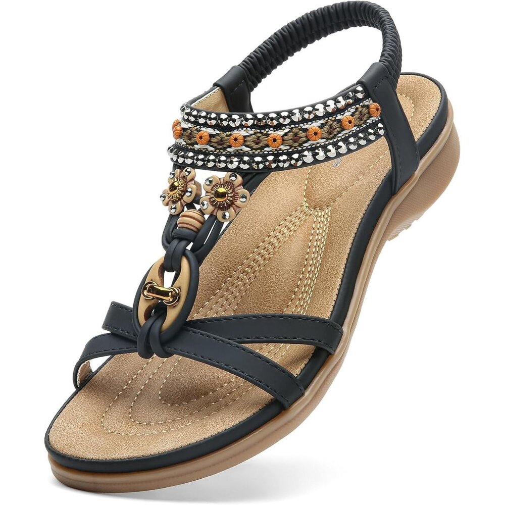 〽️Women's Black Open Toe Comfort Walking Bohemian Elastic Slingback Sandal